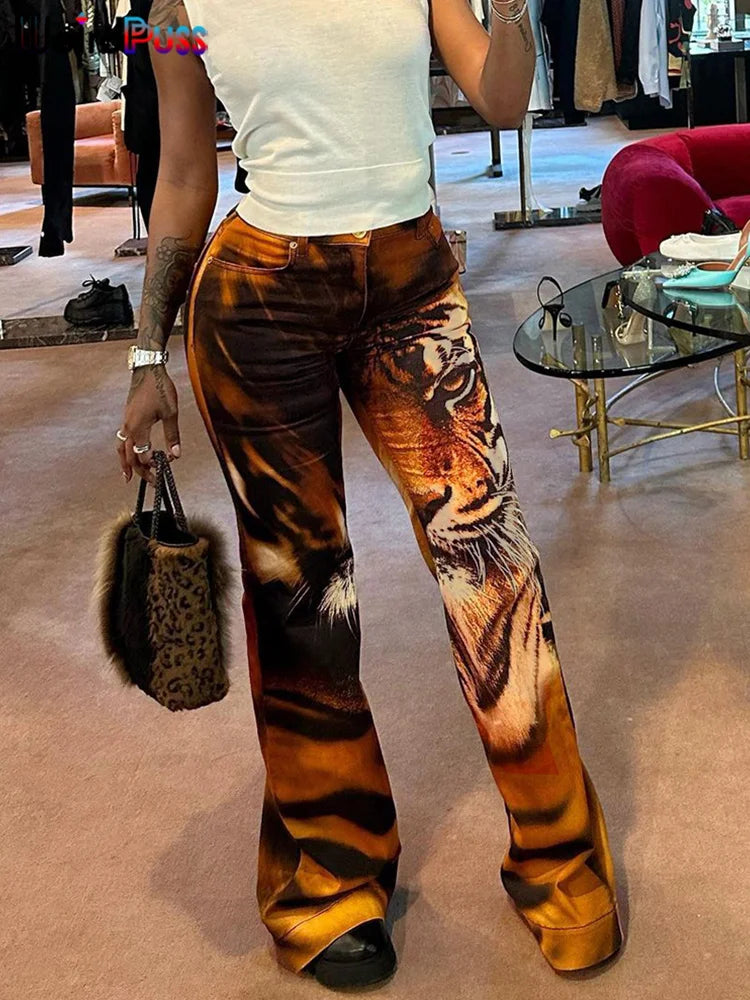 Women's Tiger Print Flare Pants