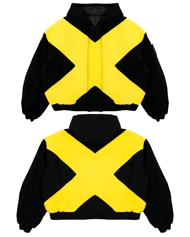 Oversized Zip Hooded Cardigan — Black & Yellow Cross Colorblock (Multiple Variants)