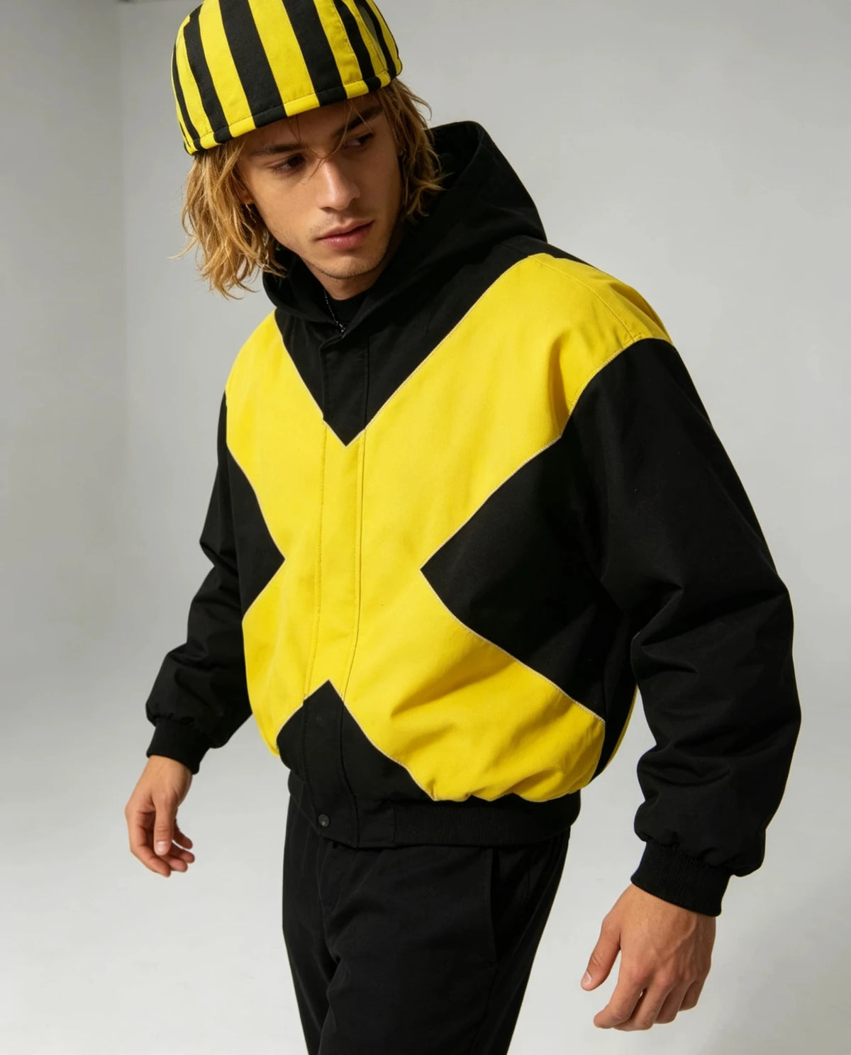 Oversized Zip Hooded Cardigan — Black & Yellow Cross Colorblock (Multiple Variants)