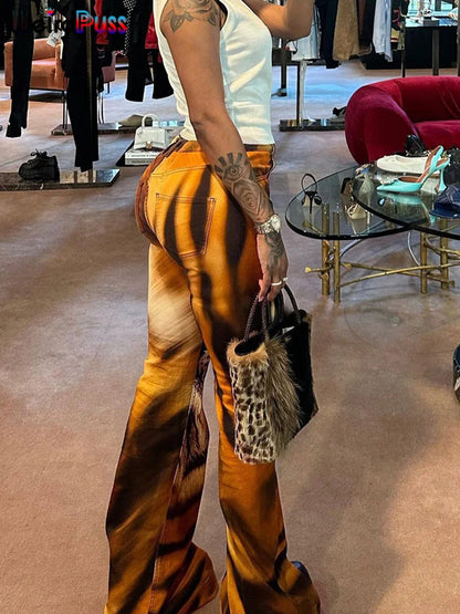 Women's Tiger Print Flare Pants