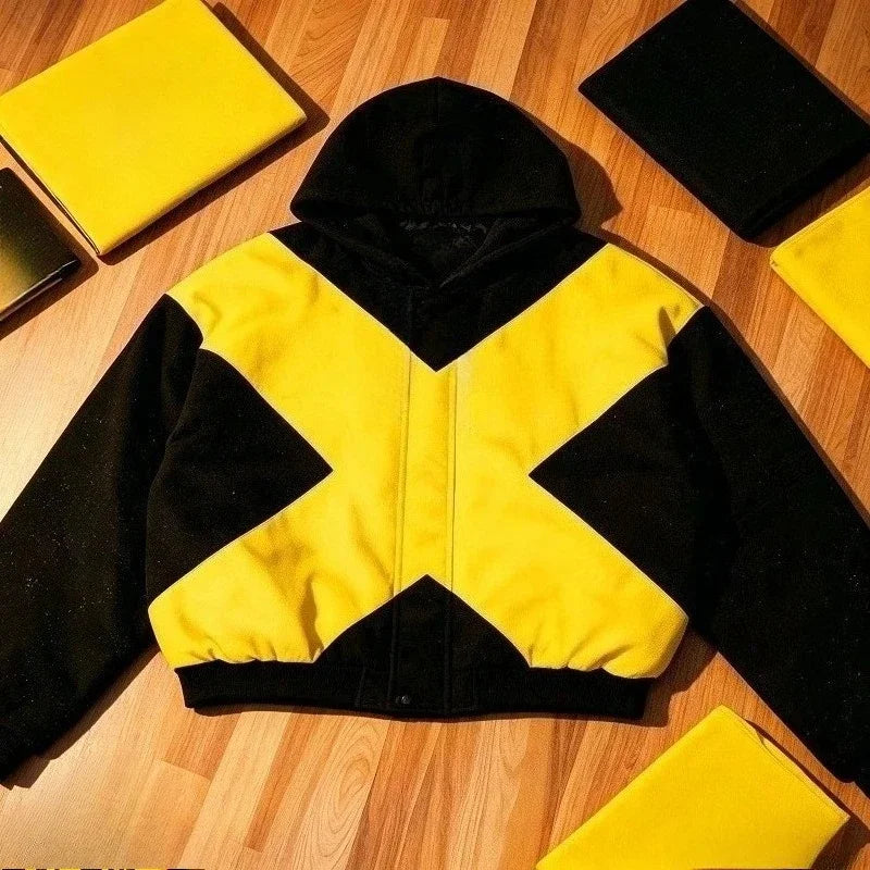 Oversized Zip Hooded Cardigan — Black & Yellow Cross Colorblock (Multiple Variants)