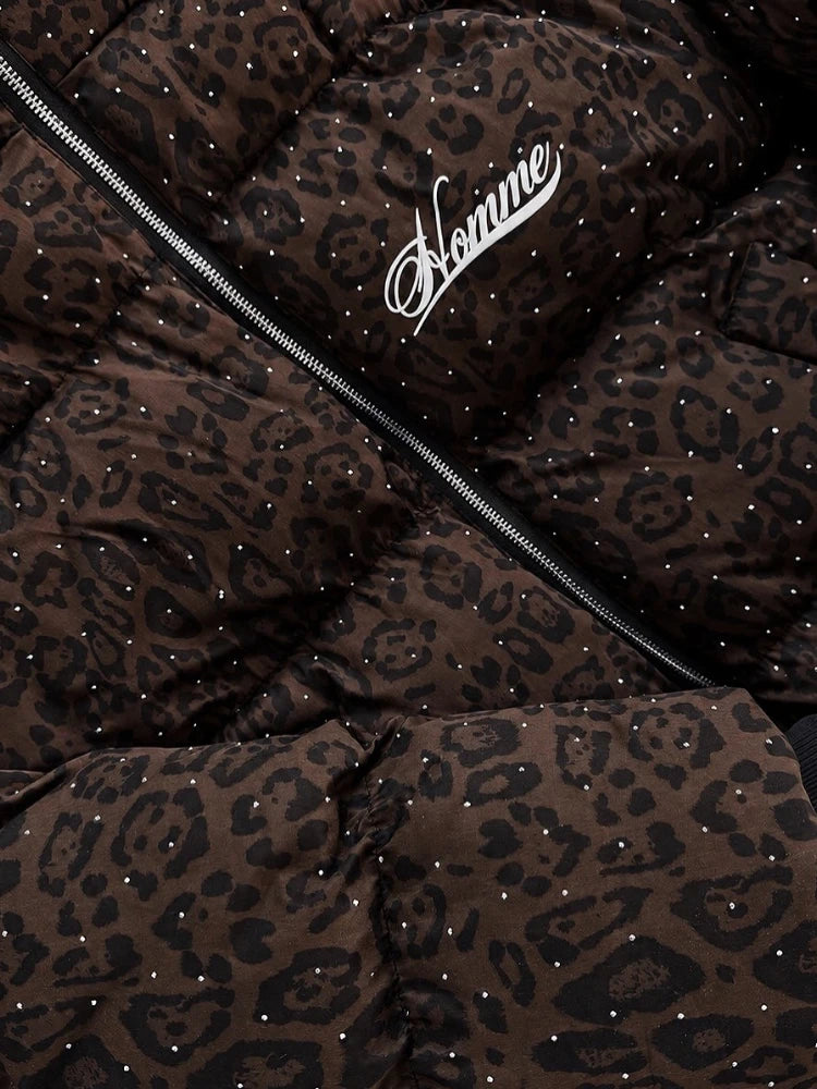 Oversized Leopard Diamond Puffer Jacket
