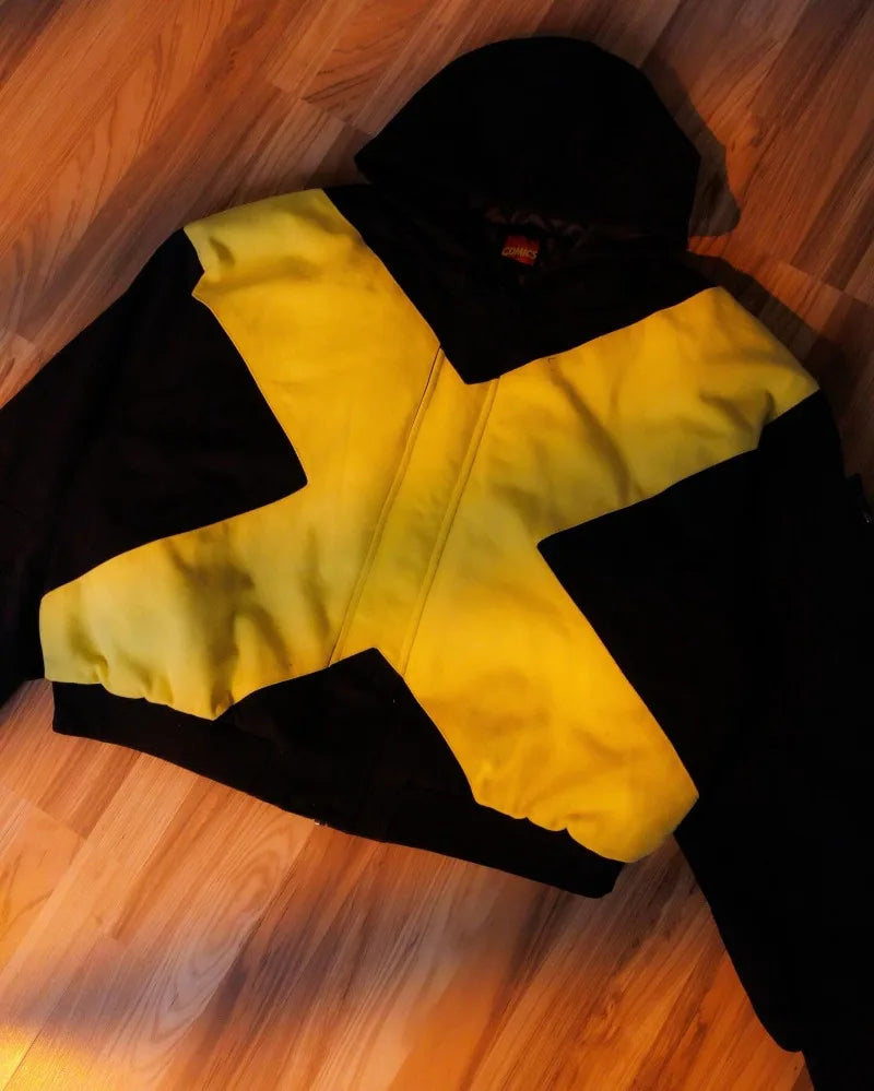 Oversized Zip Hooded Cardigan — Black & Yellow Cross Colorblock (Multiple Variants)