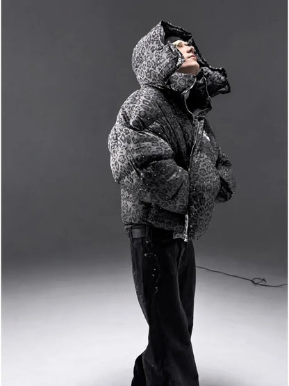 Oversized Leopard Diamond Puffer Jacket
