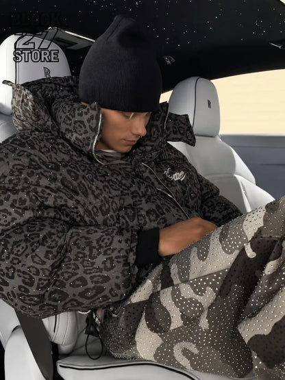 Oversized Leopard Diamond Puffer Jacket