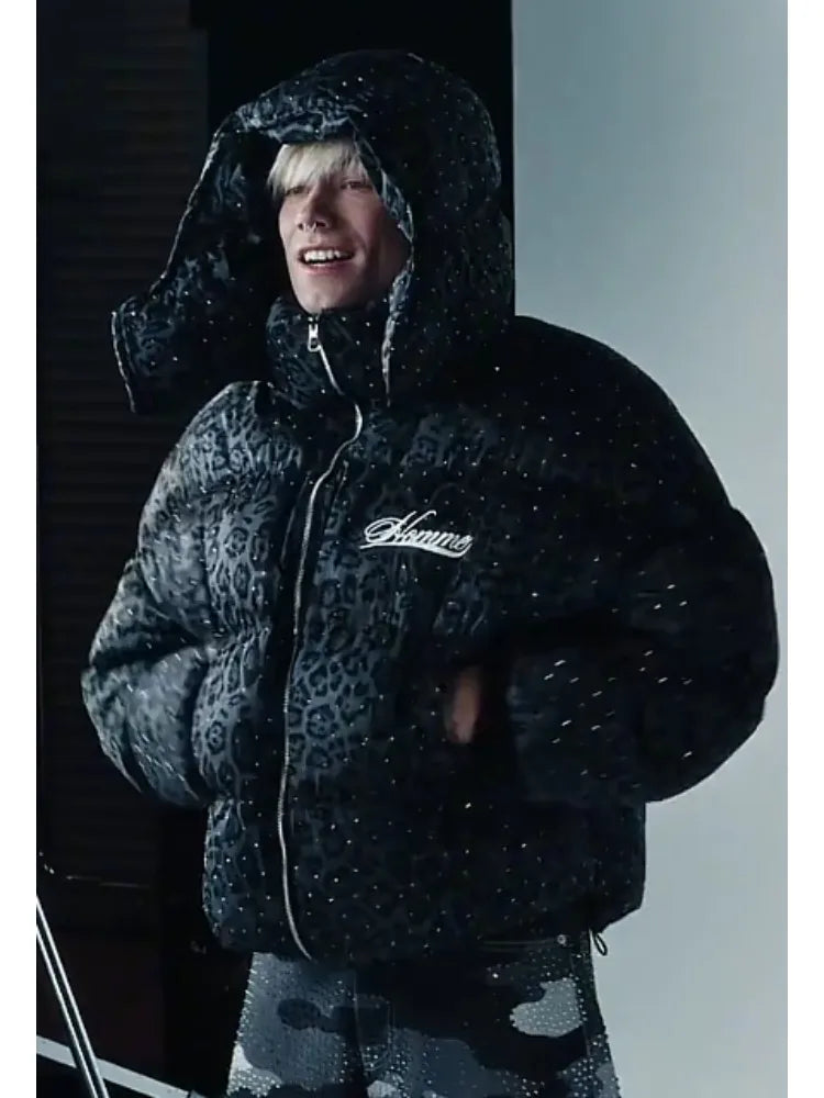 Oversized Leopard Diamond Puffer Jacket