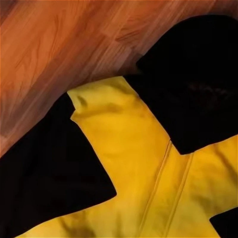 Oversized Zip Hooded Cardigan — Black & Yellow Cross Colorblock (Multiple Variants)