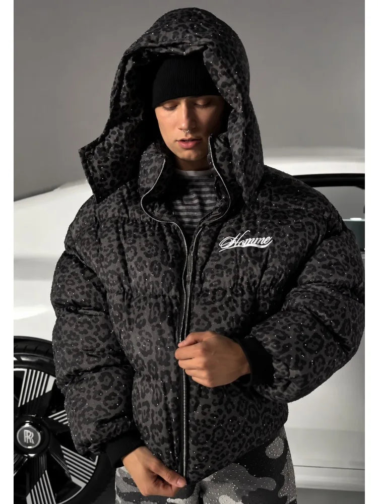 Oversized Leopard Diamond Puffer Jacket