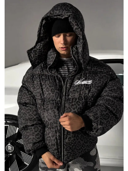 Oversized Leopard Diamond Puffer Jacket